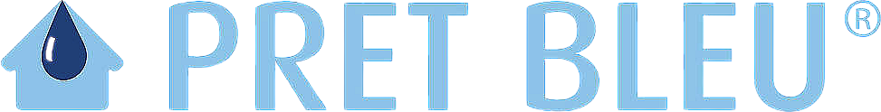 Logo de PRET BLEU : une icône de maison bleu clair contenant une goutte d'eau bleu foncé.